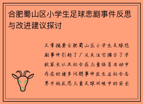 合肥蜀山区小学生足球悲剧事件反思与改进建议探讨