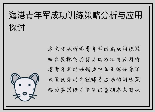 海港青年军成功训练策略分析与应用探讨